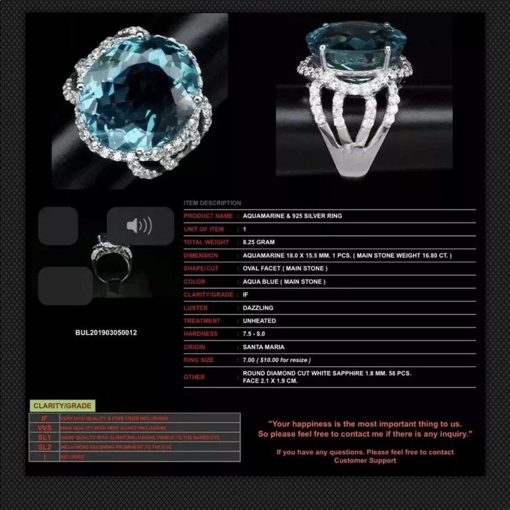 AQUA BLUE AQUAMARINE 16.80 CT.SAPP 925S RING SZ 7 NEW - Picture 8 of 10